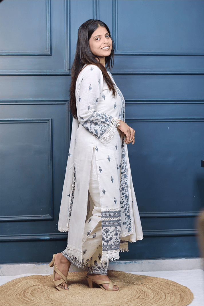 Elegant Off-White & Blue Embroidered Cotton Suit Set with Dupatta