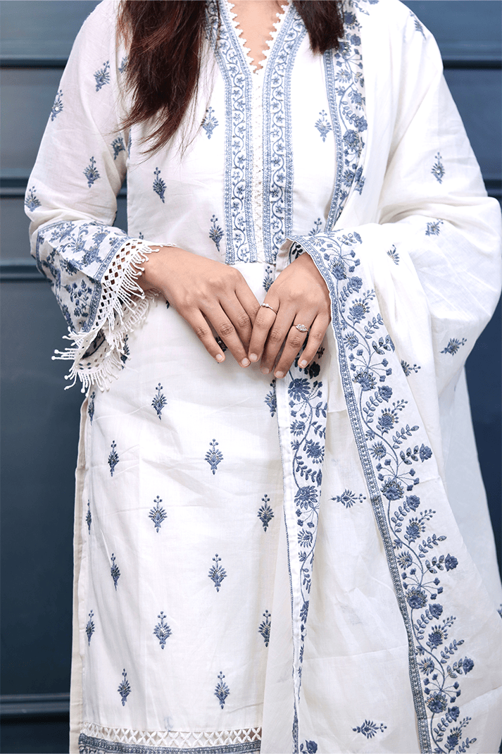 Elegant Off-White & Blue Embroidered Cotton Suit Set with Dupatta