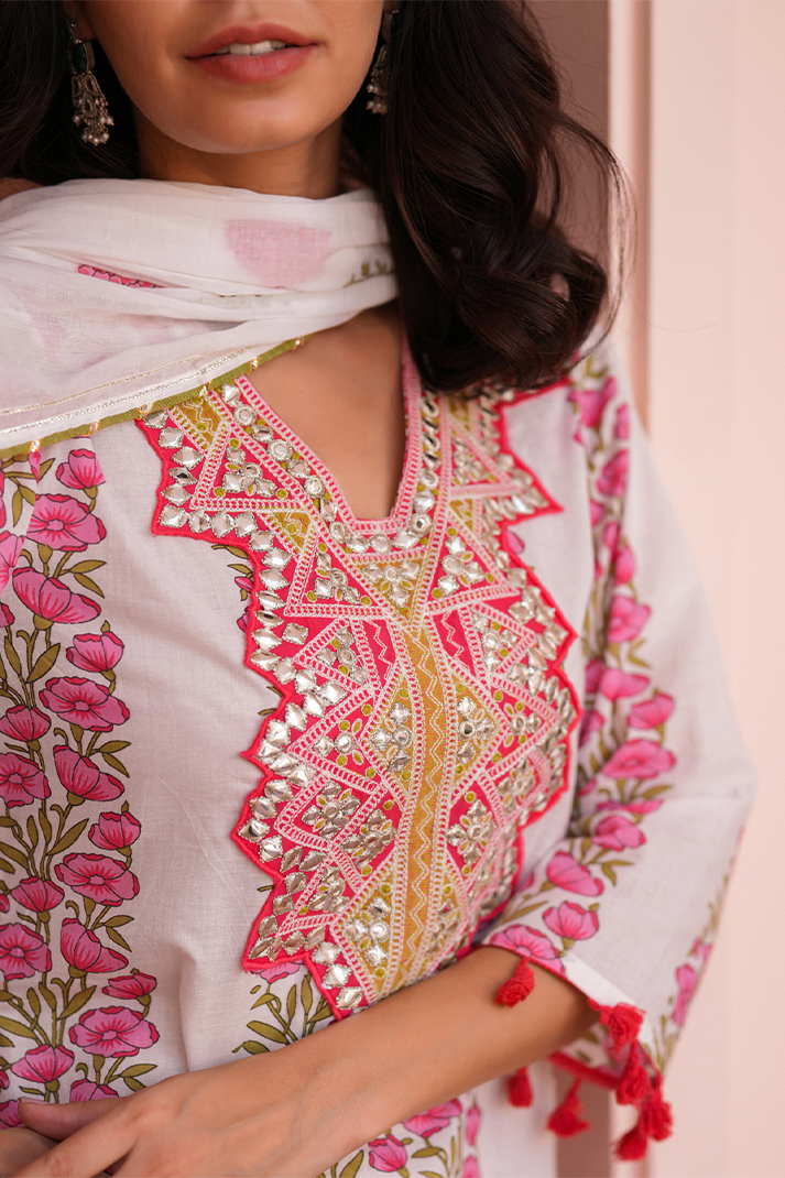 Coral Charm Pink Floral Mirror Work Sharara Set