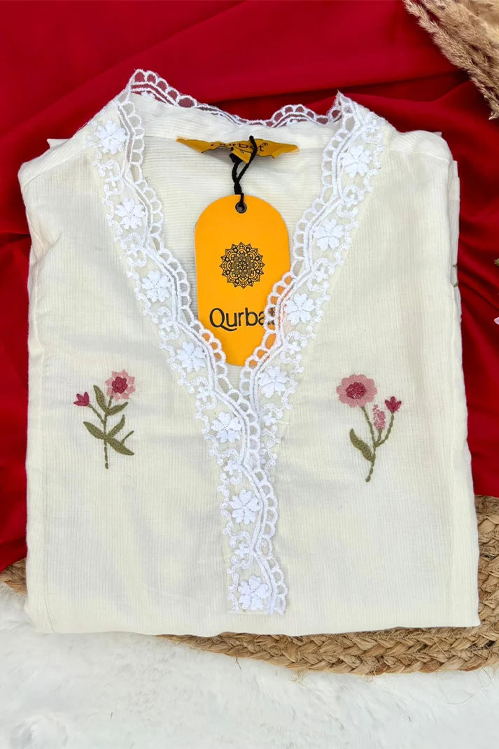 Elegant Off-White Embroidered Cotton Suit Set with Dupatta
