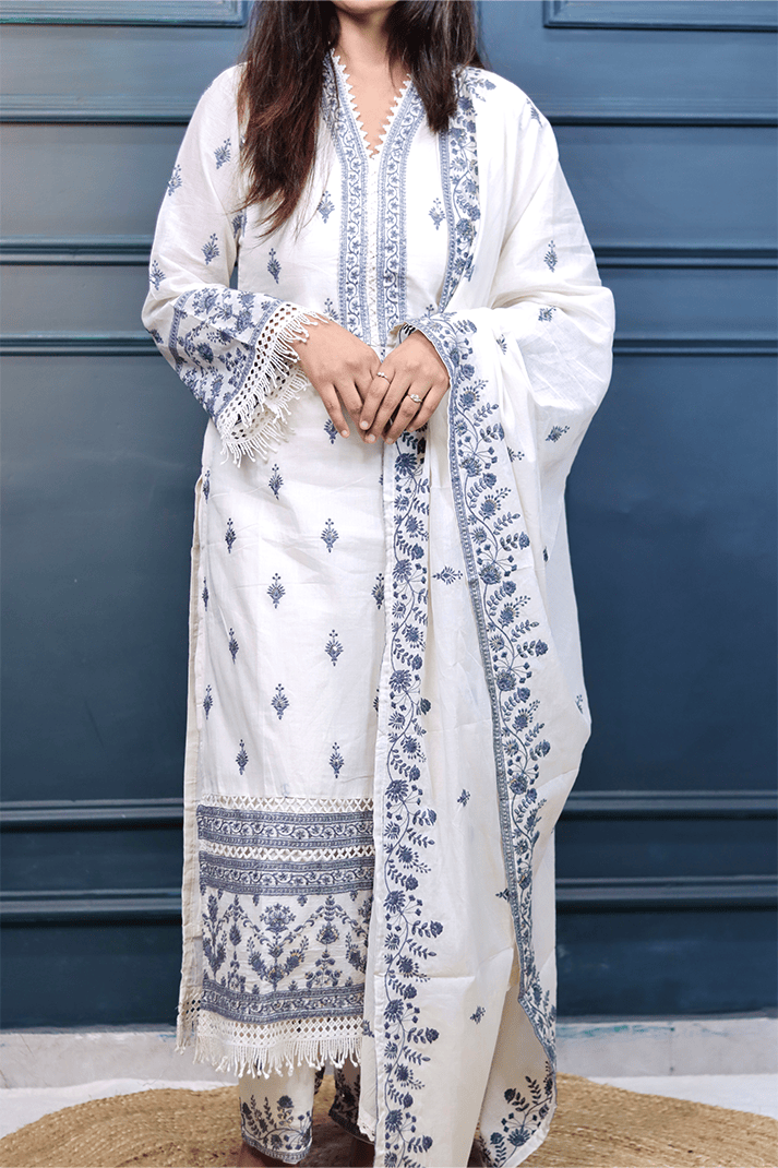 Elegant Off-White & Blue Embroidered Cotton Suit Set with Dupatta
