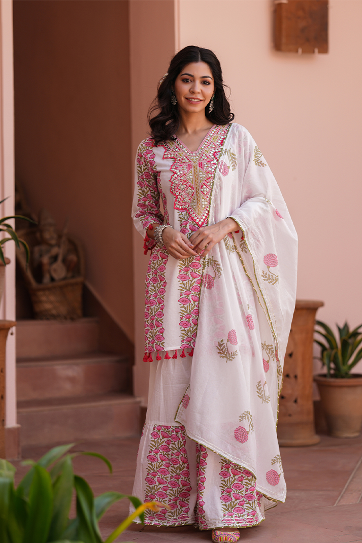 Coral Charm Pink Floral Mirror Work Sharara Set