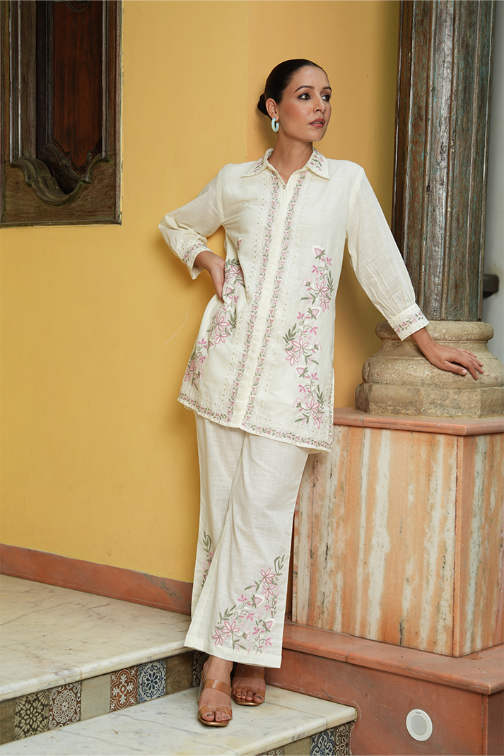 Ivory Floral Embroidered Cotton Co-Ord Set – 2 Piece Chic Ensemble