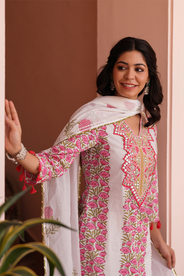 Coral Charm Pink Floral Mirror Work Sharara Set