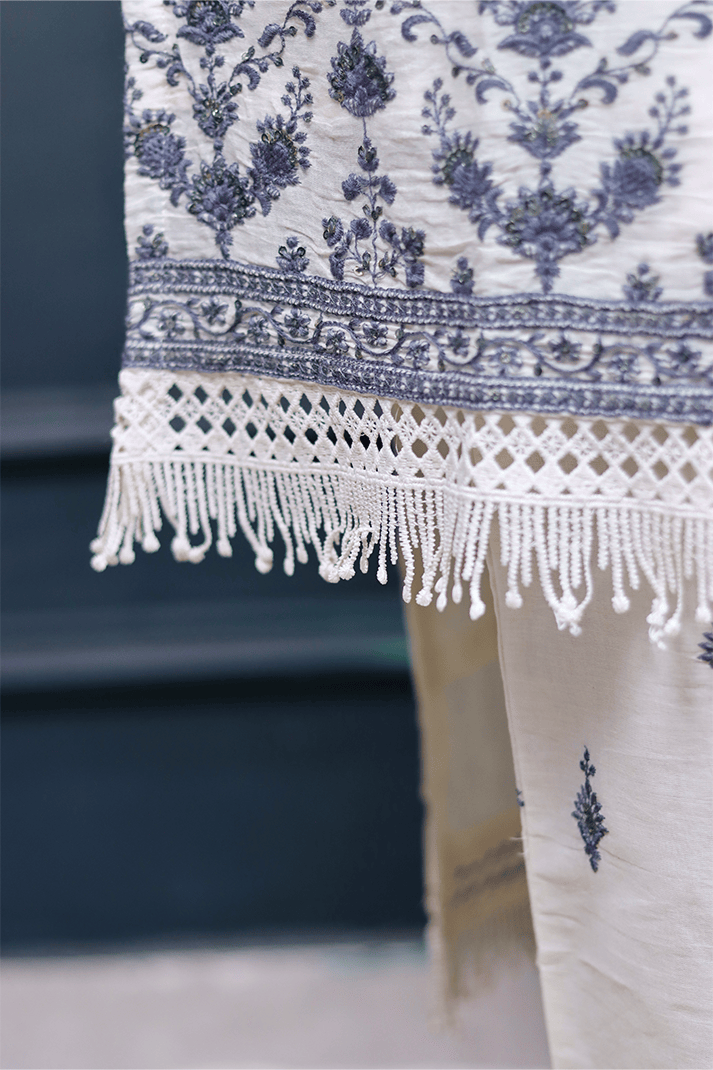 Elegant Off-White & Blue Embroidered Cotton Suit Set with Dupatta