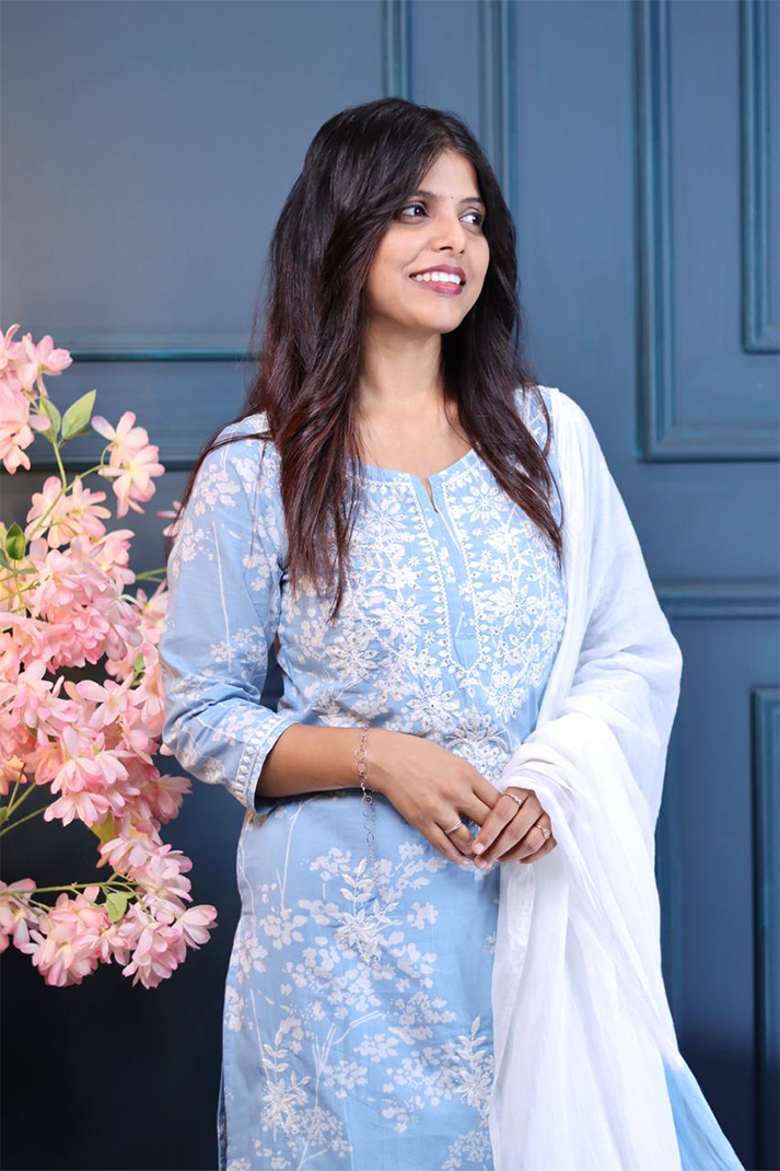 Blue Cotton Kurta Set with White Floral Embroidery & Dip-Dye Dupatta – 3 Piece Set