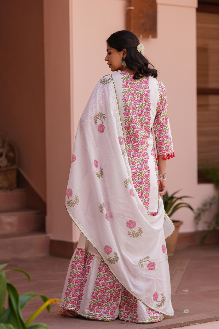 Coral Charm Pink Floral Mirror Work Sharara Set