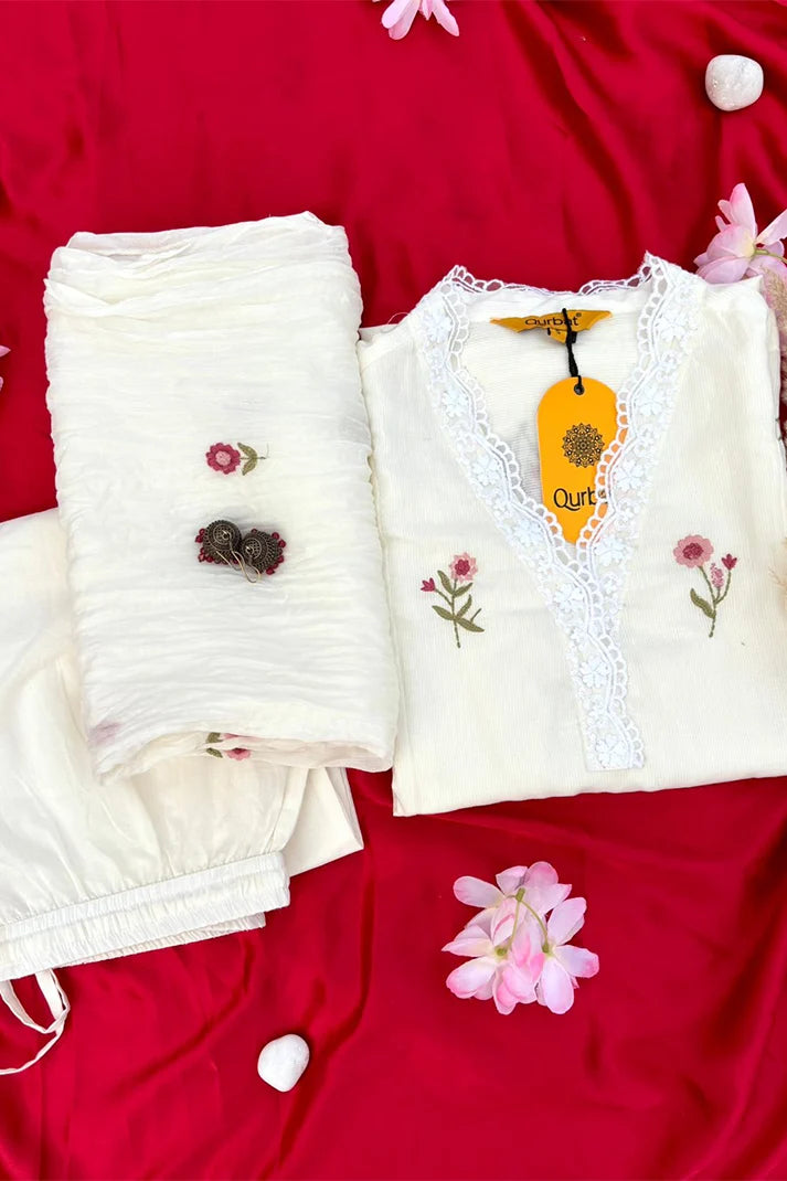 Elegant Off-White Embroidered Cotton Suit Set with Dupatta