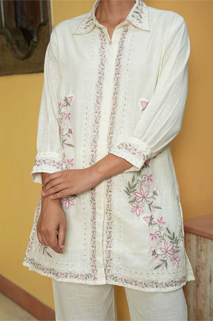 Ivory Floral Embroidered Cotton Co-Ord Set – 2 Piece Chic Ensemble