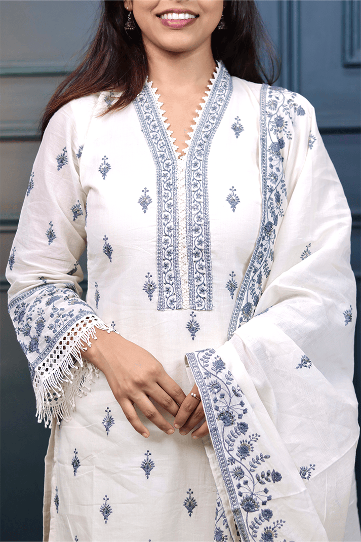 Elegant Off-White & Blue Embroidered Cotton Suit Set with Dupatta