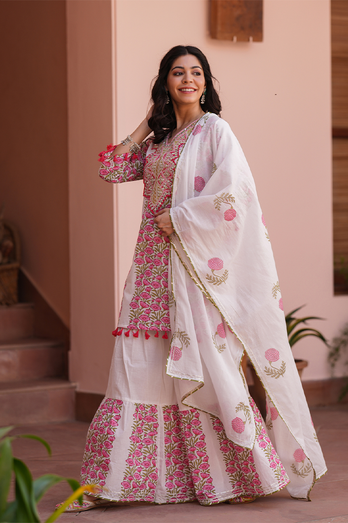Coral Charm Pink Floral Mirror Work Sharara Set