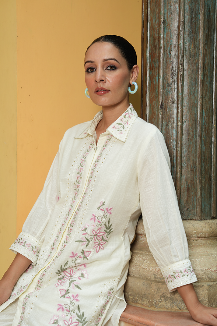 Ivory Floral Embroidered Cotton Co-Ord Set – 2 Piece Chic Ensemble