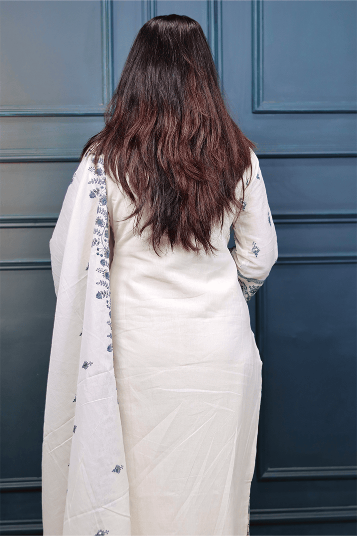 Elegant Off-White & Blue Embroidered Cotton Suit Set with Dupatta