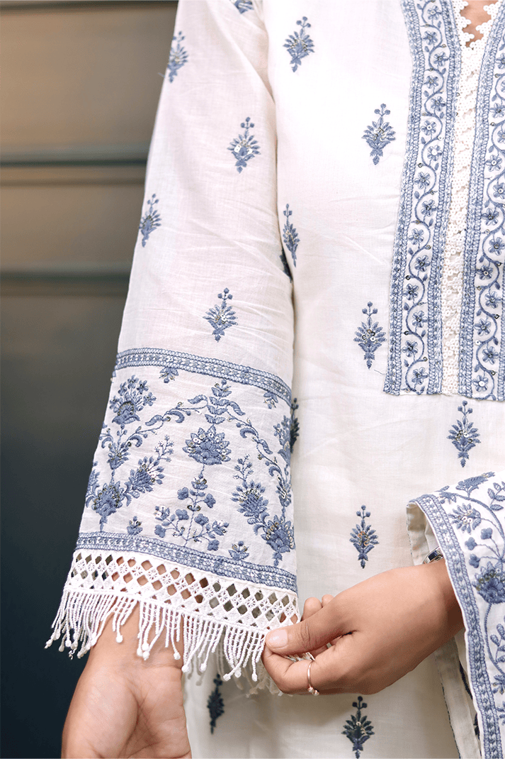 Elegant Off-White & Blue Embroidered Cotton Suit Set with Dupatta