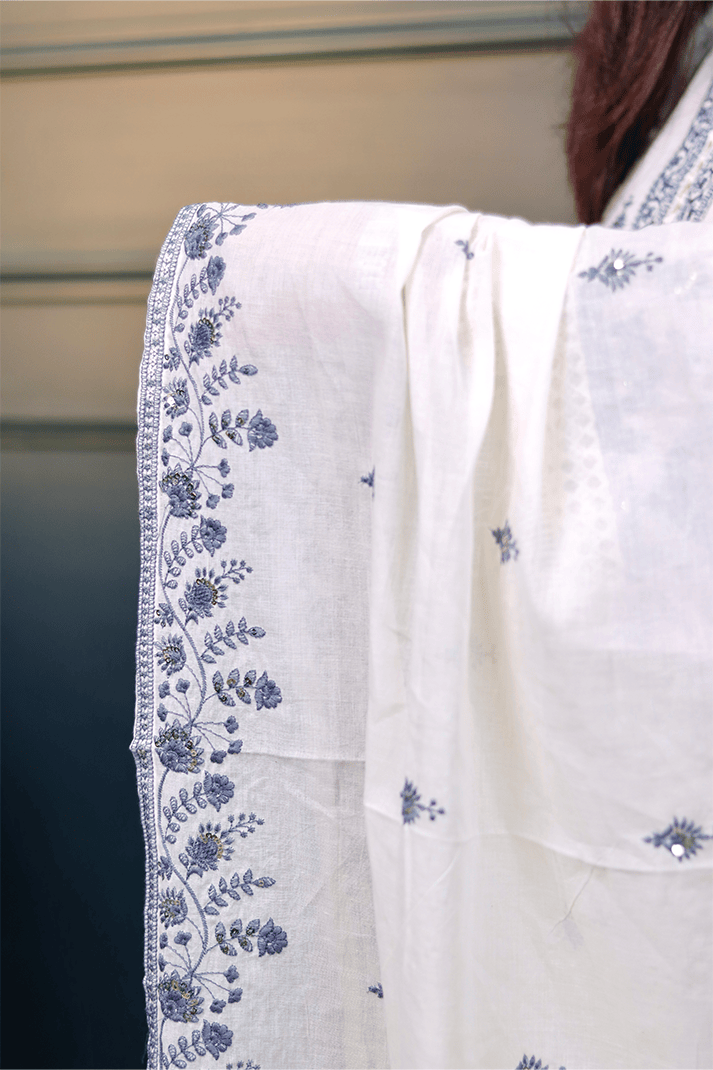 Elegant Off-White & Blue Embroidered Cotton Suit Set with Dupatta