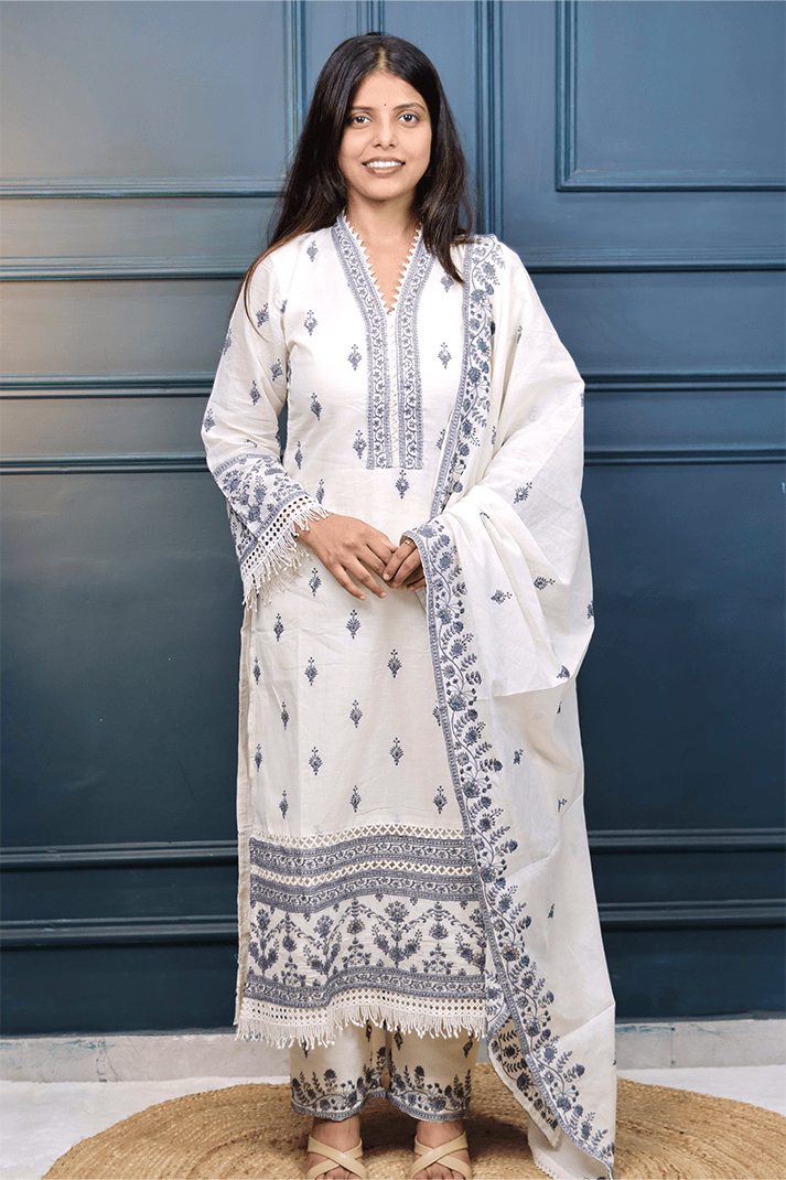 Elegant Off-White & Blue Embroidered Cotton Suit Set with Dupatta
