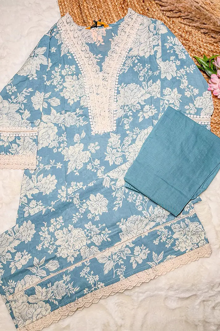 Blue Floral Cotton Kurta Set with Crochet Lace Detailing – 2PC Set