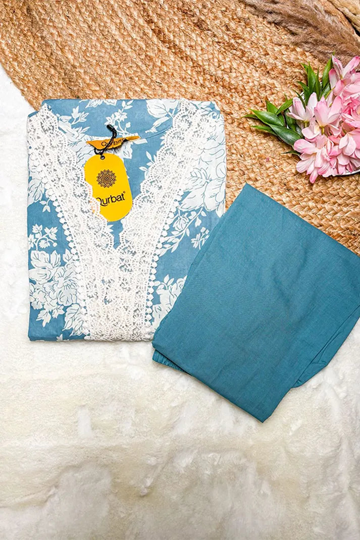 Blue Floral Cotton Kurta Set with Crochet Lace Detailing – 2PC Set