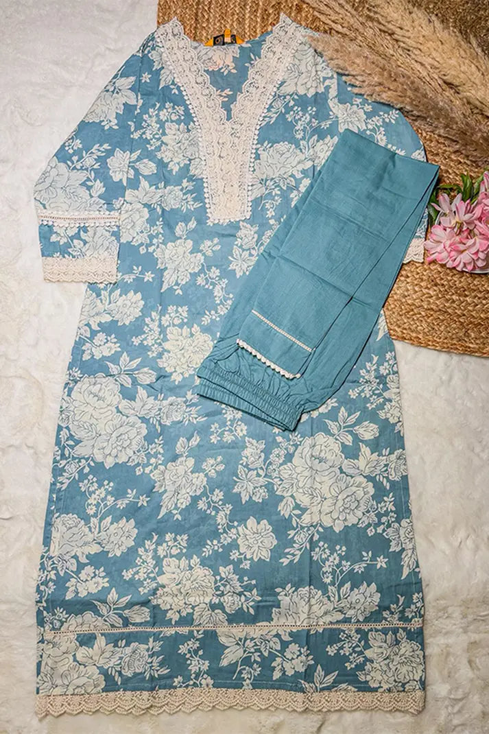 Blue Floral Cotton Kurta Set with Crochet Lace Detailing – 2PC Set