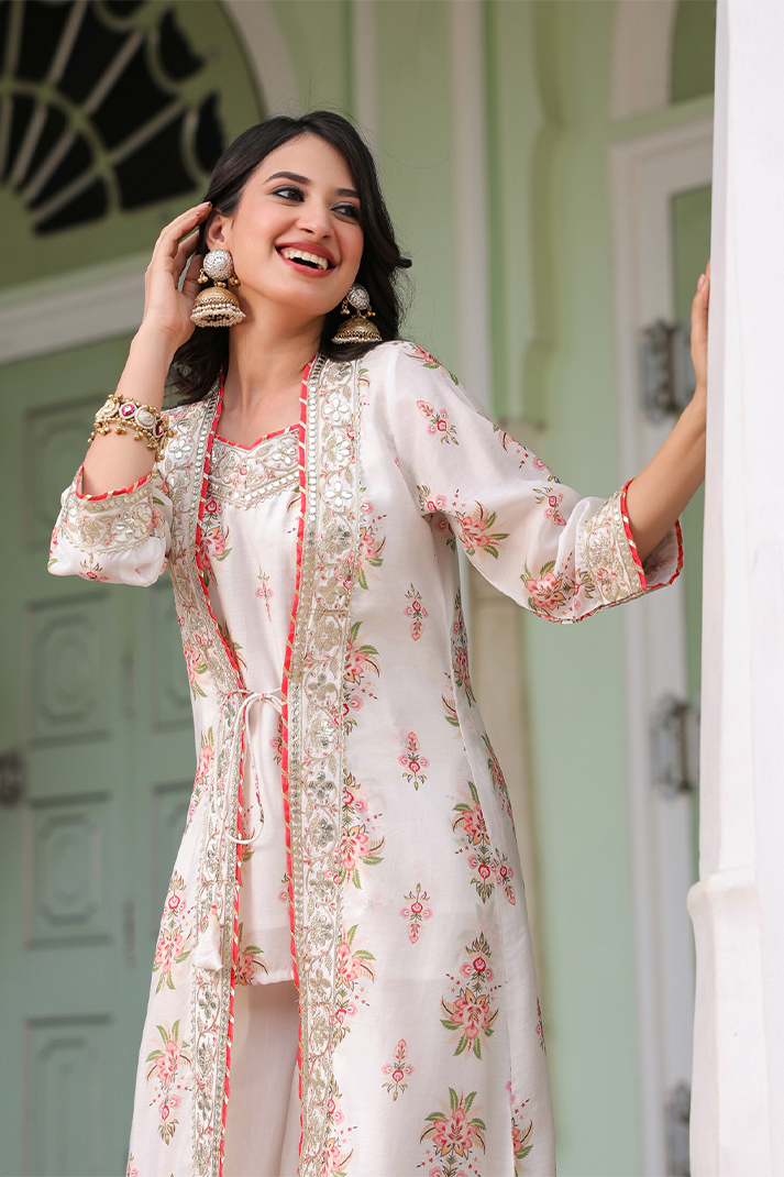 Ivory Chanderi Silk Floral Printed Shrug Set