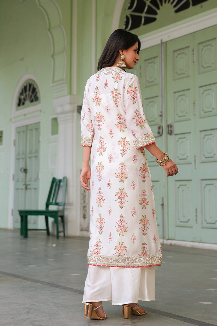 Ivory Chanderi Silk Floral Printed Shrug Set