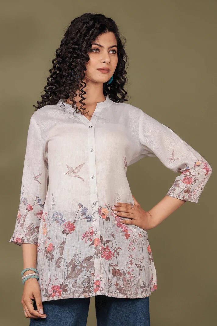 White Linen Short Kurti - Qurbat