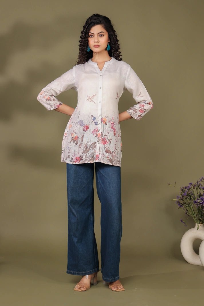 White Linen Short Kurti - Qurbat