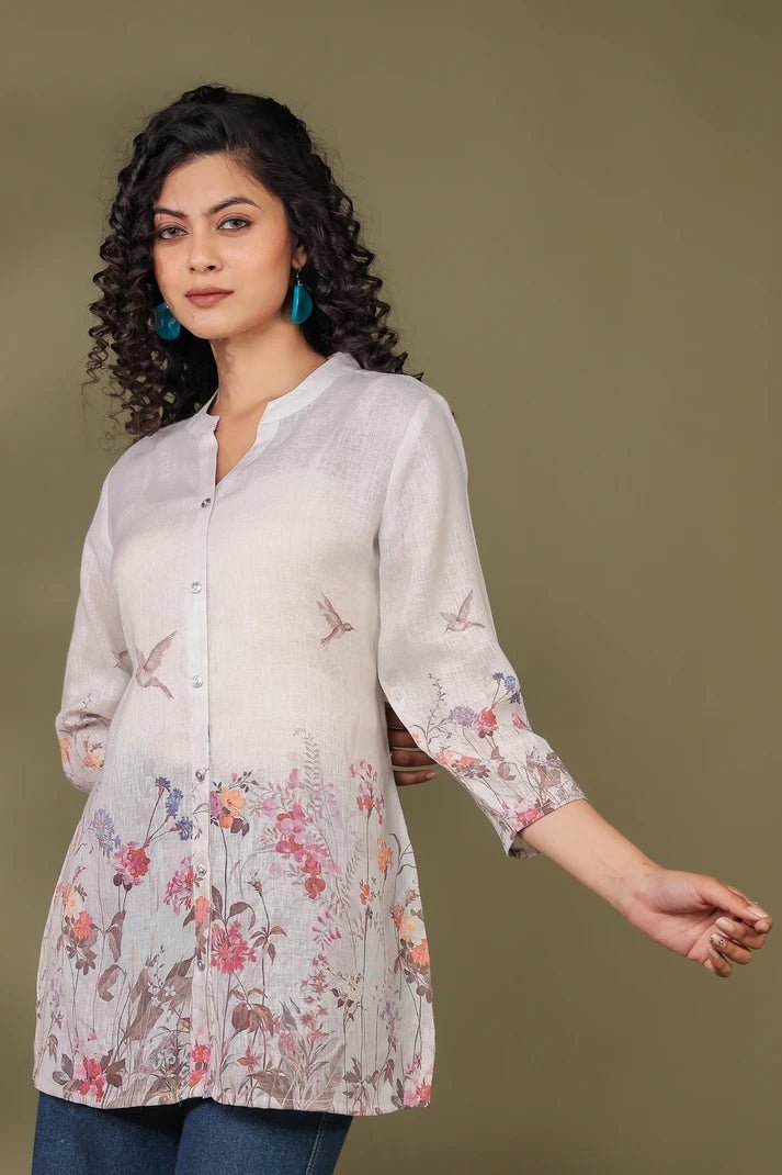 White Linen Short Kurti - Qurbat