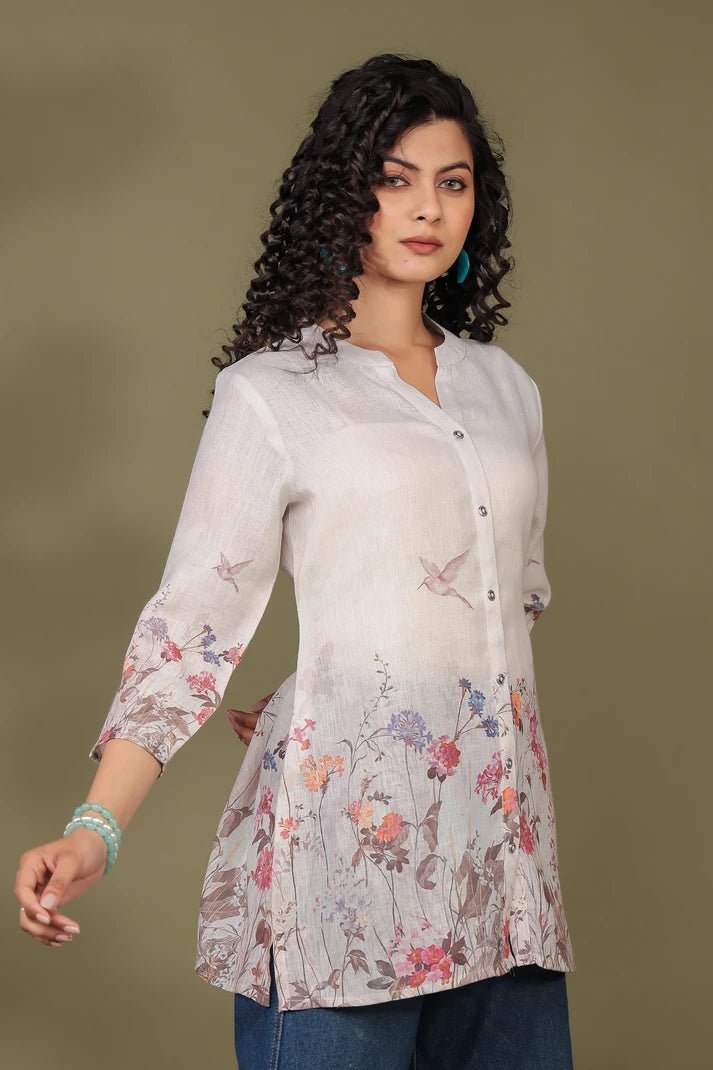 White Linen Short Kurti - Qurbat
