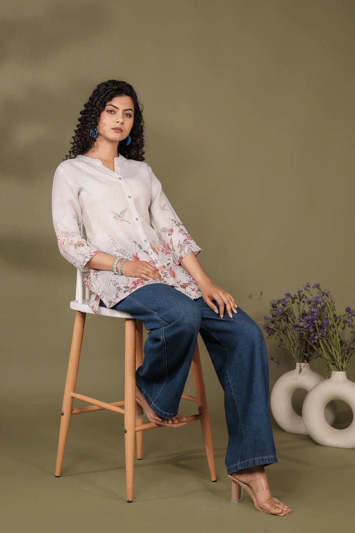 White Linen Short Kurti - Qurbat