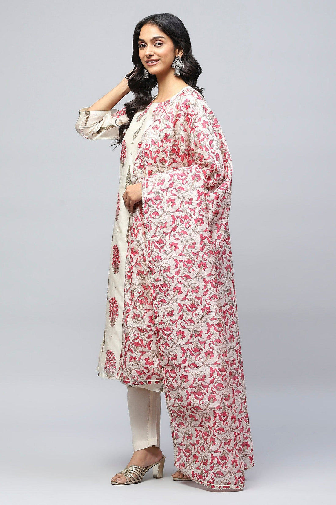 White Printed Suit Set with Mirror Work Embroidery for Women - Qurbat