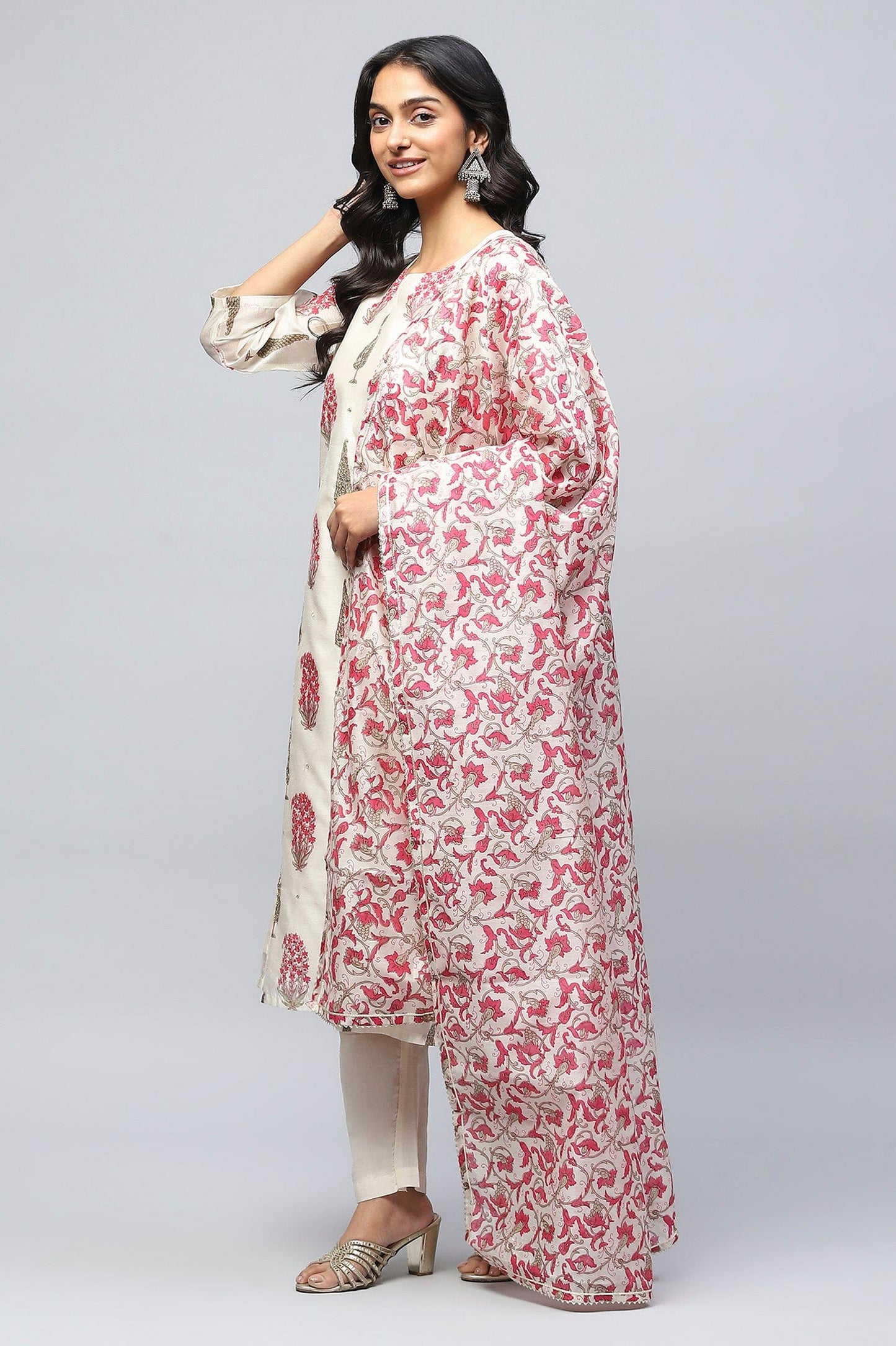 White Printed Suit Set with Mirror Work Embroidery for Women - Qurbat