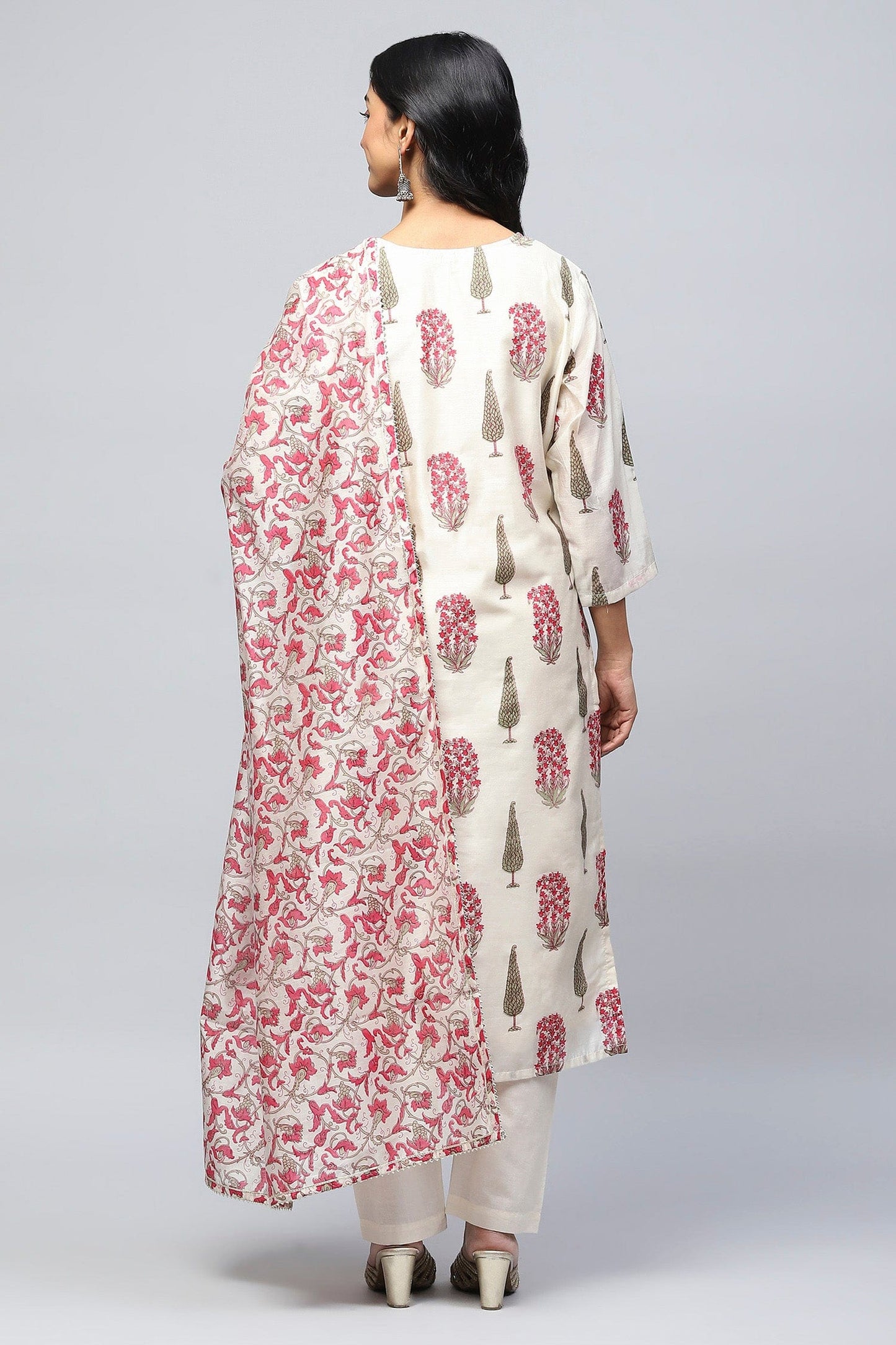 White Printed Suit Set with Mirror Work Embroidery for Women - Qurbat