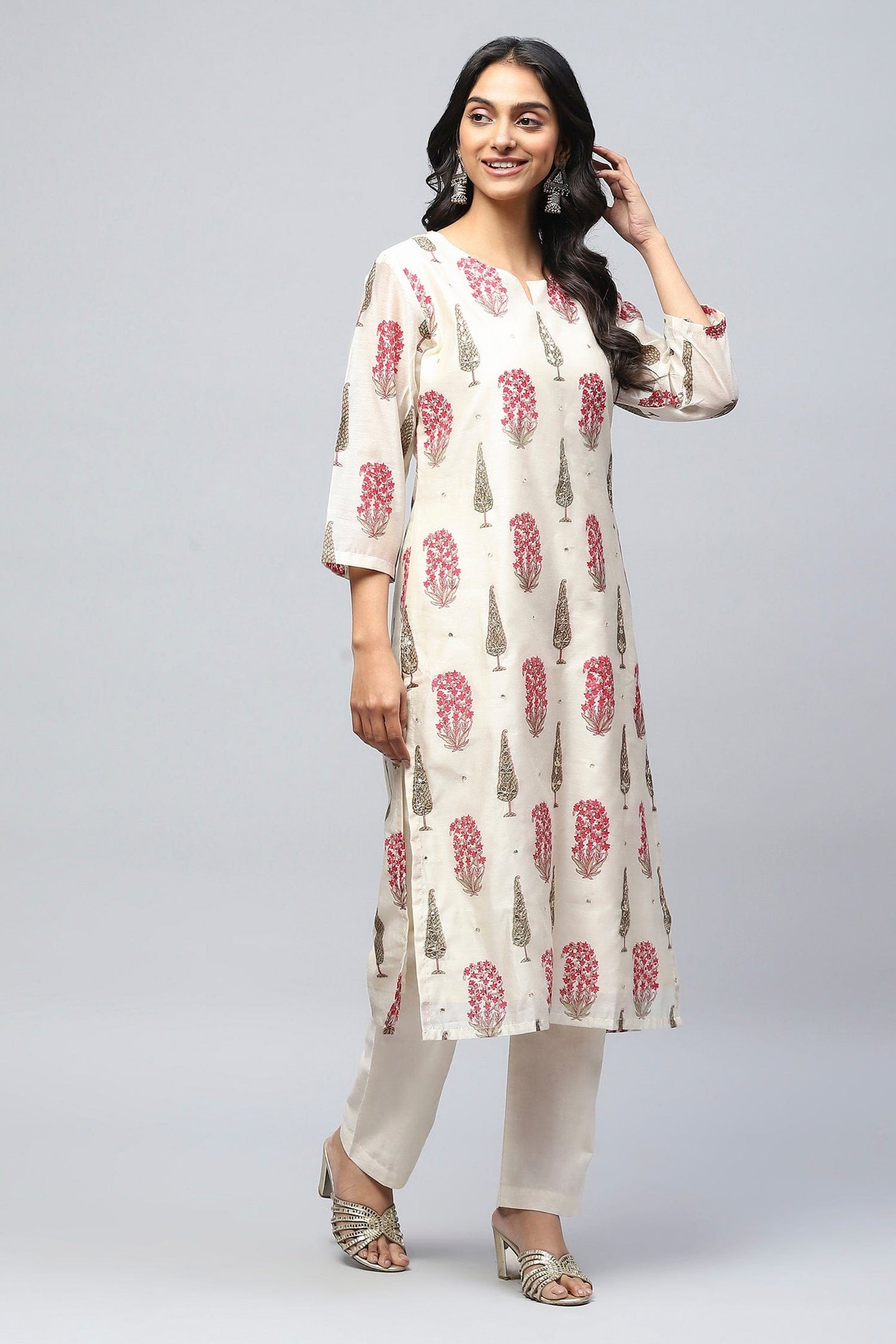 White Printed Suit Set with Mirror Work Embroidery for Women - Qurbat