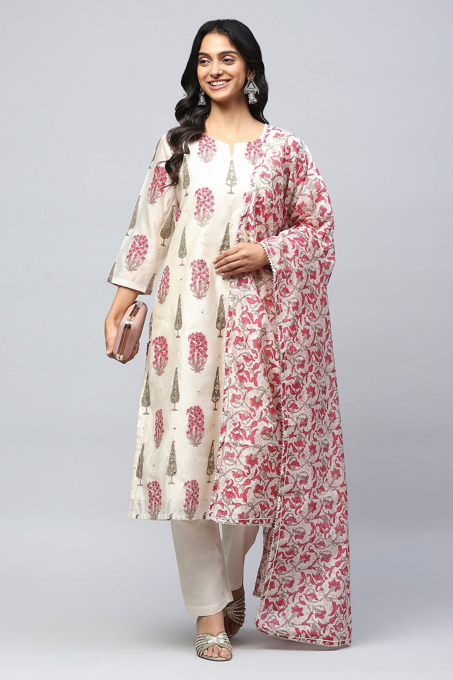 White Printed Suit Set with Mirror Work Embroidery for Women - Qurbat