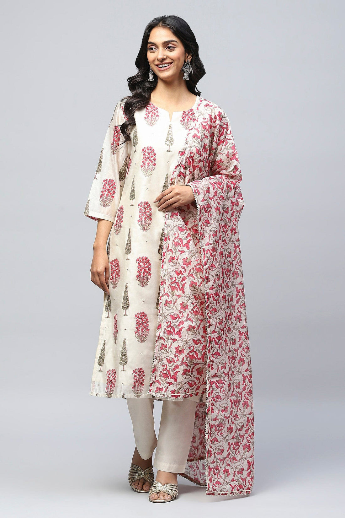 White Printed Suit Set with Mirror Work Embroidery for Women - Qurbat