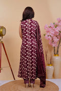 Wine Ikat Print Sleeveless Kurta Set with Bandhani Dupatta - Qurbat