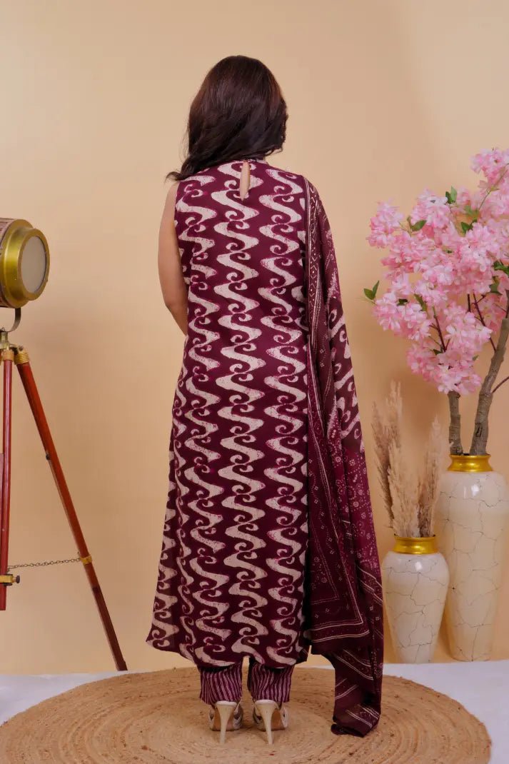 Wine Ikat Print Sleeveless Kurta Set with Bandhani Dupatta - Qurbat