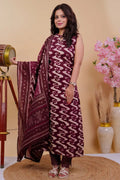 Wine Ikat Print Sleeveless Kurta Set with Bandhani Dupatta - Qurbat