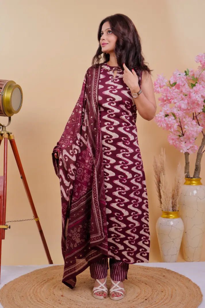 Wine Ikat Print Sleeveless Kurta Set with Bandhani Dupatta - Qurbat