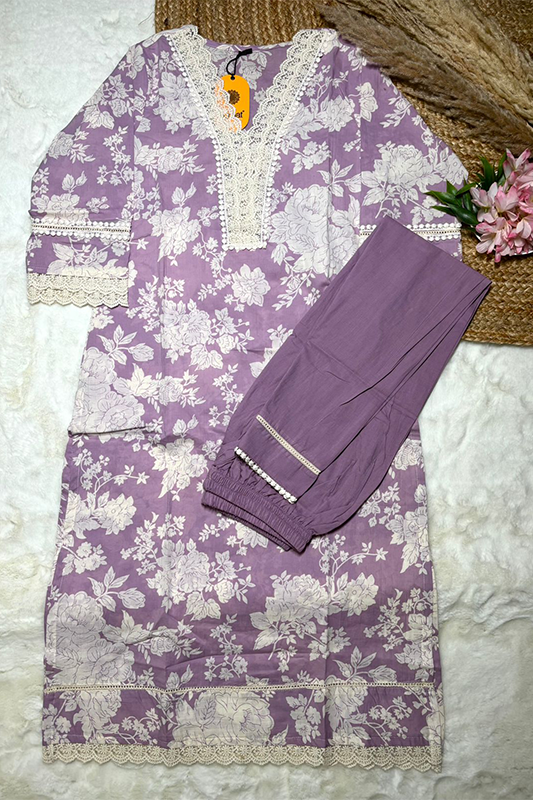 Lavender Floral Cotton Kurta Set with Crochet Lace Detailing – 2PC Set