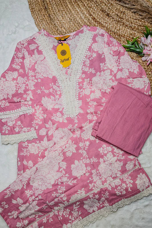 Pink Floral Cotton Kurta Set with Crochet Lace Detailing – 2PC Set