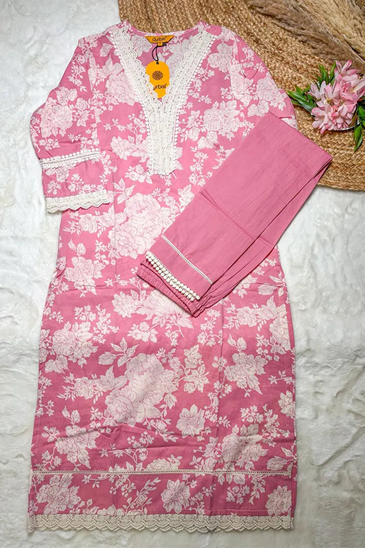 Pink Floral Cotton Kurta Set with Crochet Lace Detailing – 2PC Set