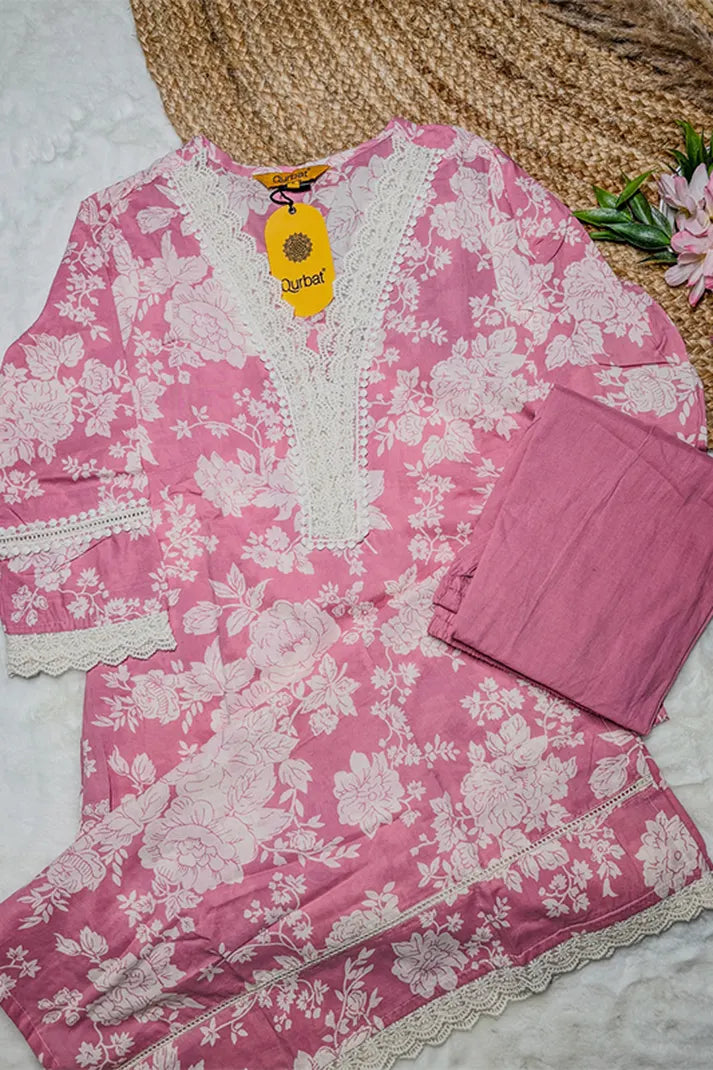 Pink Floral Cotton Kurta Set with Crochet Lace Detailing – 2PC Set
