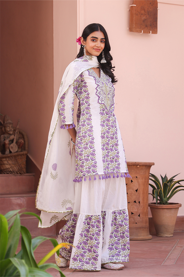 Purple Floral Mirror Work Sharara Set