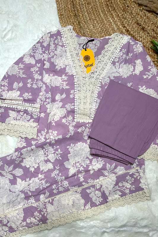 Lavender Floral Cotton Kurta Set with Crochet Lace Detailing – 2PC Set