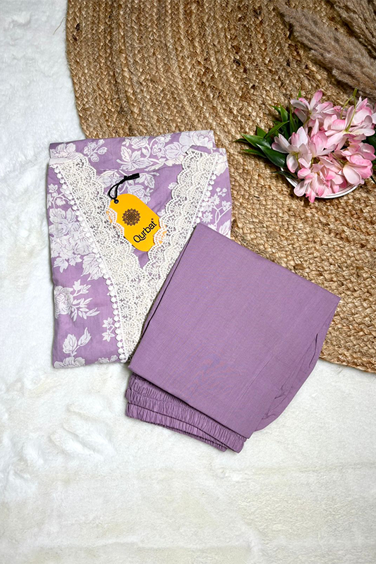 Lavender Floral Cotton Kurta Set with Crochet Lace Detailing – 2PC Set