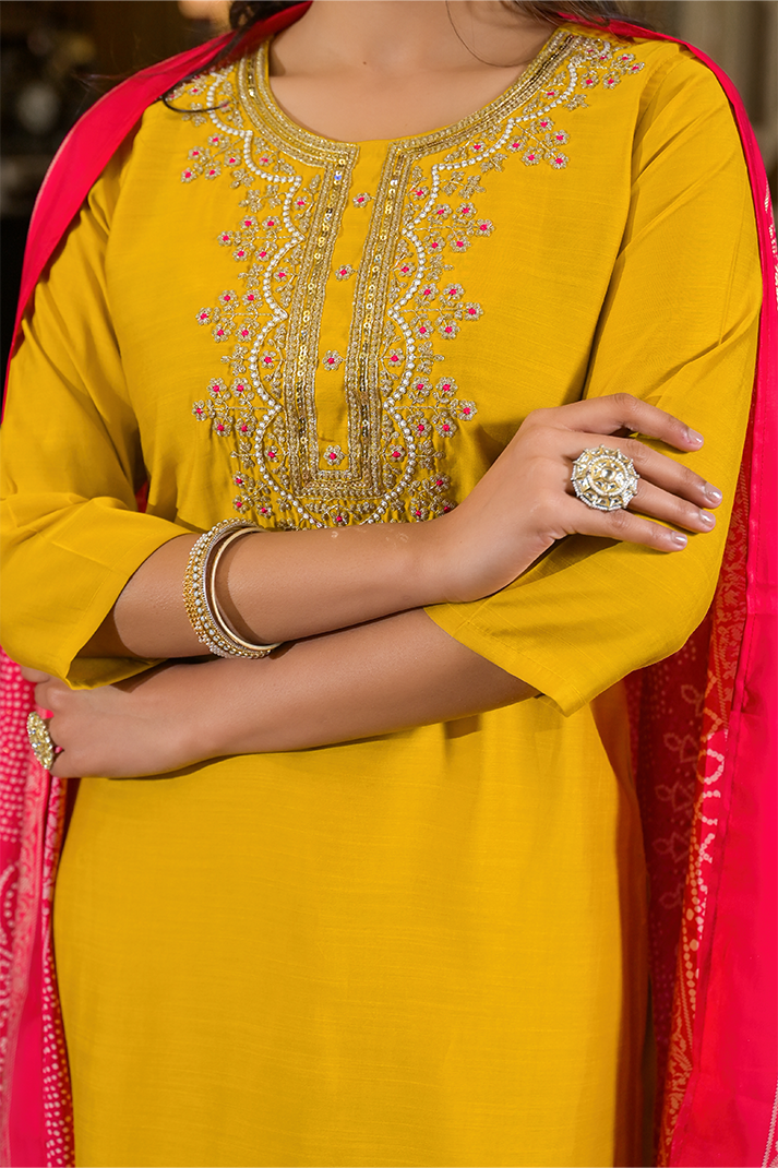 Mustard Yellow Straight Kurta Set with Pink Bandhej Dupatta & Hand Embroidery