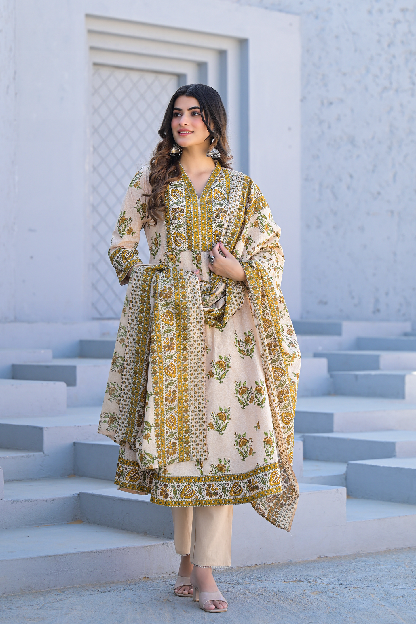 Ivory Bloom Printed Anarkali Suit Set
