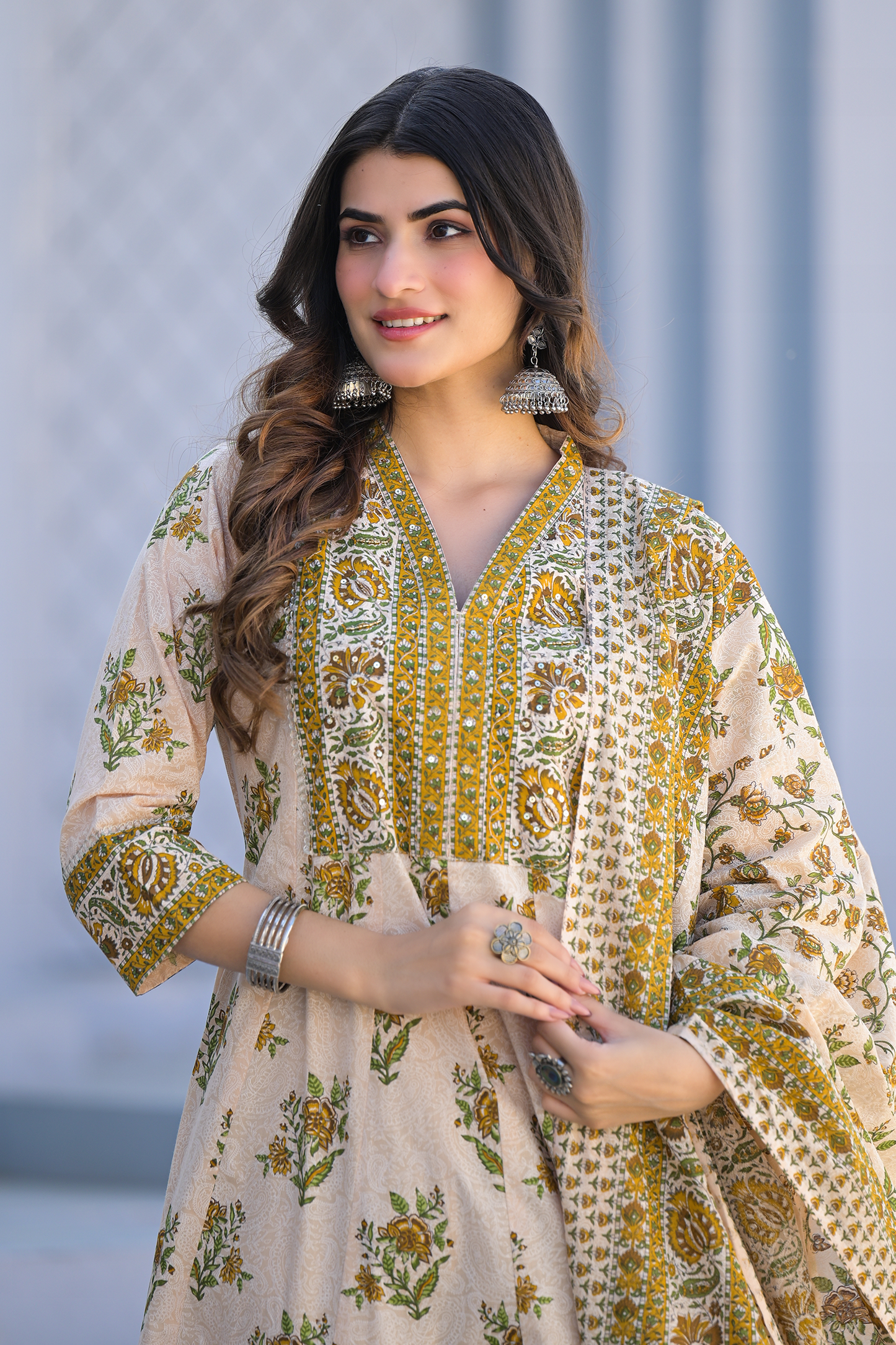 Ivory Bloom Printed Anarkali Suit Set